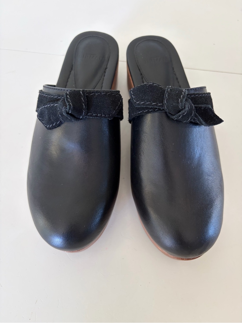 Alexandre Birman Clarita Black Leather Knot‎ Mule Slip-On Wood Clogs Size 36.5
